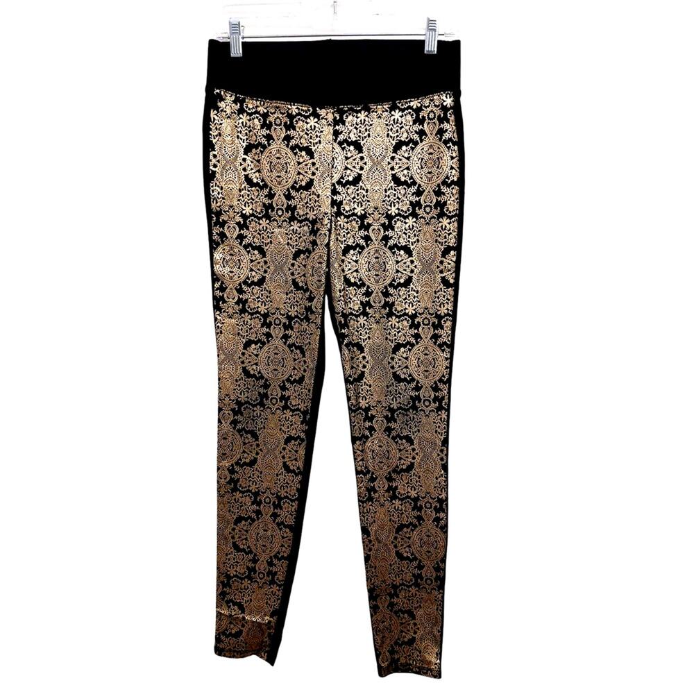 Bisou Bisou Cocktail Pants Metallic Stretch Leggings M Black Gold Party Designer